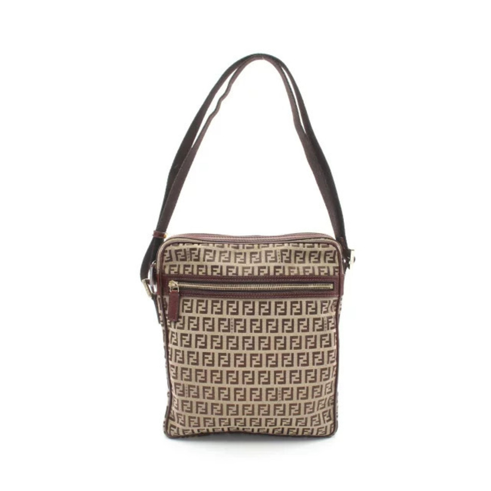 Fendi Zucchino Shoulder Bag Canvas Leather Beige Cream Brown